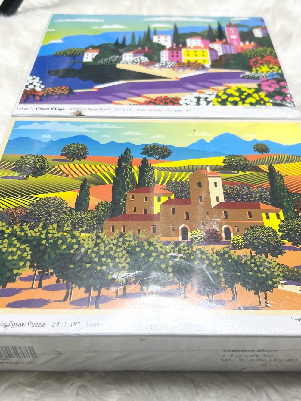 2 NWT Colorful 300 Piece Home Art Puzzles Tuscan Hills & Lakeside Flower Village